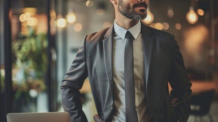 Poster - A man in a suit and tie stands in front of a laptop