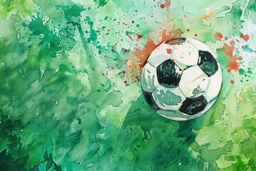 Wall Mural - Soccer Ball AI Watercolor Paint green Background Generative Art