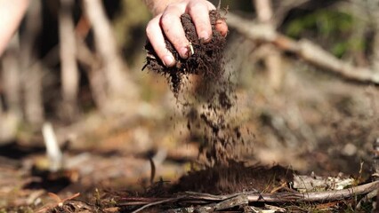 Sticker - Holding soil in a hand, feeling compost in a field in Tasmania Australia. 