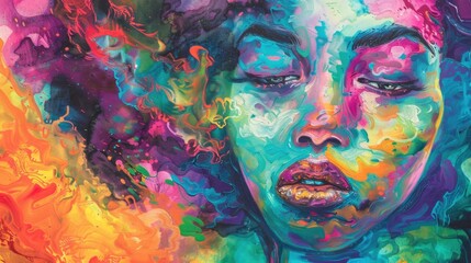 Poster - A colorful painting of a woman's face with a purple nose and lips