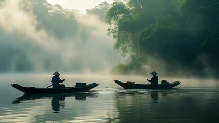 Silhouettes of two boats cutting across a misty river at dusk. Chasing the orange glow of the sun setting on the horizon.