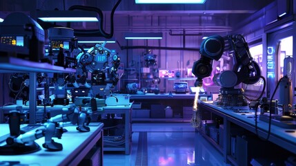 Design a cute 3D render of a futuristic robot laboratory  AI generated illustration