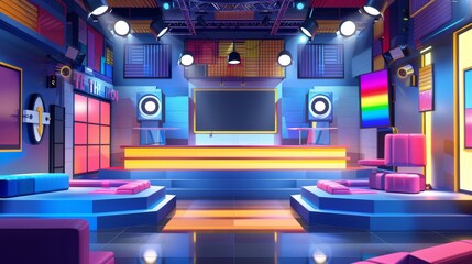 Poster - Design a vibrant and playful 3D interpretation of a TV show podcast studio  AI generated illustration