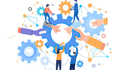 Settings, gear icon and teamwork with business people or team together for collaboration and synergy with cog wheel strategy. Office group hands for problem solving, innovation and development.