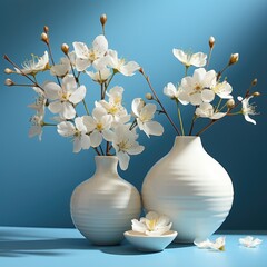 Sticker - Beautiful white blooming flowers on branches in a white ceramic vase. The theme of a beautiful and stylish interior.