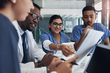 Poster - Discussion, documents and team of doctors in office for medical treatment, diagnosis or surgery plan in clinic. Meeting, paperwork and surgeon with group of healthcare interns learning in hospital.