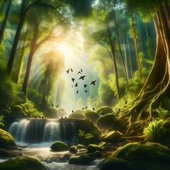 Wall Mural - landscape with forest and sun