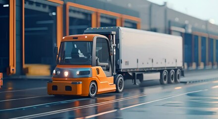 Wall Mural - Autonomous forklift loading a delivery truck under the guidance of an AI logistics platform,