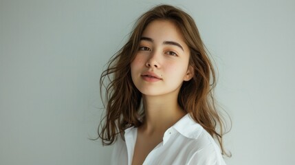 Wall Mural - A woman with long brown hair and a white shirt is smiling