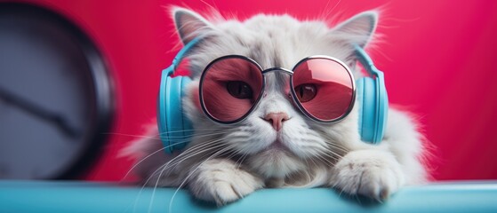 Cat wearing pink headphones and glasses