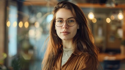 Wall Mural - A woman with brown hair and glasses is standing in front of a window