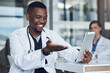 © peopleimages.com - Video call, black man or doctor with tablet for advice, results or communication in hospital. Clinic, meeting and medical professional on digital app for telehealth, networking or consulting online