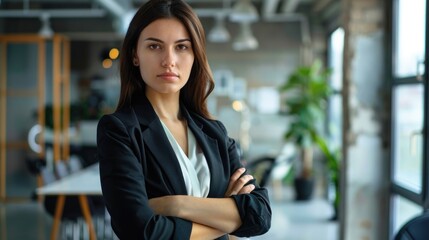 Poster - Beautiful business woman in office. She is serious and focused