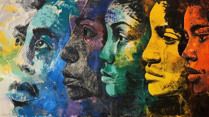 Poster - A painting of several faces with different colors and expressions