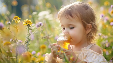 Wall Mural - little girl eats honey. selective focus