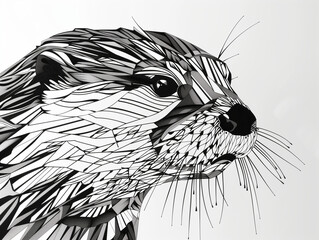 Wall Mural - A Black and White Geometric Pattern of an Otter Head on a White Background