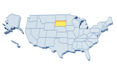 Wall Mural - State of South Dakota highlighted in golden yellow on three-dimensional map of the United States isolated on transparent background. 3D rendering