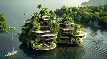 Wall Mural - Floating islands with futuristic eco structures  AI generated illustration