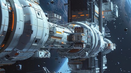 Poster - Futuristic space station with modular pods  AI generated illustration