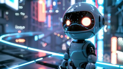 Generate a 3D render of a cute robot exploring a futuristic city  AI generated illustration