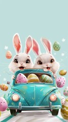 Wall Mural - A couple of bunnies are driving in a car
