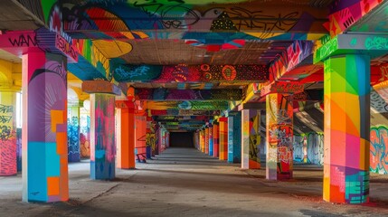 Wall Mural - Graffitied underpasses with vibrant colors  AI generated illustration