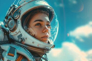 A young woman in a spacesuit, standing on an alien planet
