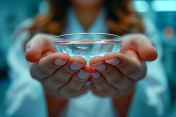 Poster - A close-up shot of a scientist's hands carefully presenting a transparent petri dish containing a specimen in a laboratory setting