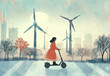 Woman riding electric scooter in front of windmills on a sunny day, enjoying sustainable transport and renewable energy