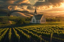 A Panoramic Vista Of Rolling Vineyards, Bathed In The Golden Hues Of Sunset, Framing A Quaint Country Chapel Nestled Amidst The Verdant Landscape. Nature's Cathedral, Where Love Is Eternal