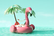 Summer tropical island with coconut palms and hammock on pink rubber flamingo in ocean. Summer travel concept. 3d render