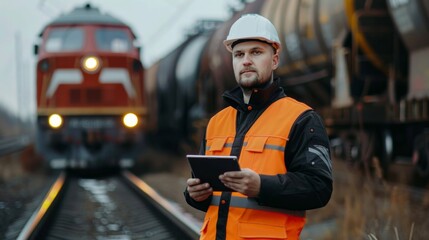 Portrait of railroad construction worker working on his tablet computer in front of railway train