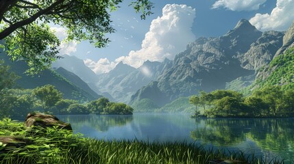 Wall Mural - A beautiful mountain landscape with a lake in the foreground