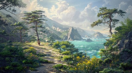 Wall Mural - A beautiful landscape with a person walking on a path