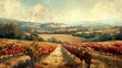 Rustic Vineyard Landscape: A rustic vineyard landscape rolling over hills and valleys, painted with warm watercolor tones to evoke the charm of wine country.