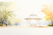 A Watercolor Painting Of A Park With A Gazebo By The Lake.