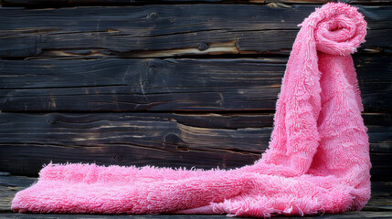 A pink towel is laying on a wooden surface. The towel is folded in a way that it looks like a spiral. The image has a calm and peaceful mood, as the towel is not being used