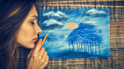 Wall Mural - A woman is drawing a picture of a forest with trees and a sun. She is using a pencil to create the drawing
