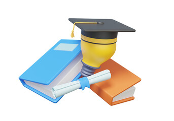 Poster - Graduation cap mockup icon with light bulb learning education diploma creative idea leadership university floating on transparent background. 3d rendering illustration. Minimal cartoon style