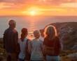 A group of people are standing on a cliff overlooking the ocean, watching the sun set. The scene is peaceful and serene, with the sun casting a warm glow over the water