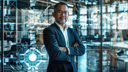 Wall Mural - Businessman in a suit stands in front of a computer screen with a lot of lines