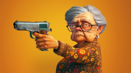 An old woman with glasses holding a gun