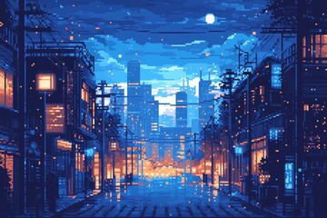 Wall Mural - pixel art of city street at night, 8bit pixel style