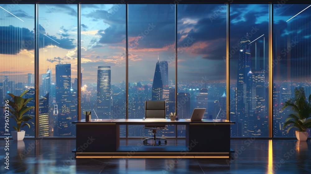 A large window office overlooking a city skyline