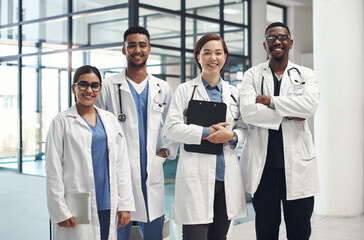 Poster - Diversity, portrait and doctors in clinic for teamwork, wellness and health services. Support, happiness and medical professional with stethoscope for solidarity, community or internship in hospital