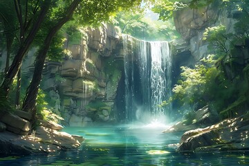  Amidst a dense, emerald forest, a secluded waterfall cascades gracefully into a crystalline pool below. Sunlight filters through the verdant canopy,