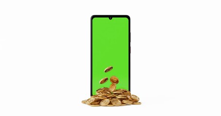 Poster - 4k Resolution Video: Online Casino Concept. Golden Coins falling from Smartphone Mobile Phone with Green Screen on a white background with Alpha Mate