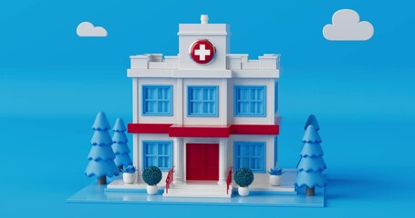 Poster - 4k Resolution Video: Abstract Scene with Cartoon Hospital Building on a blue background