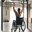 A fit woman in a wheelchair inside a gym doing pull-ups to work her lats. Dedication and strength. Athletic individual in wheelchair focused on workout. Disabled person. Never give up. Generative AI