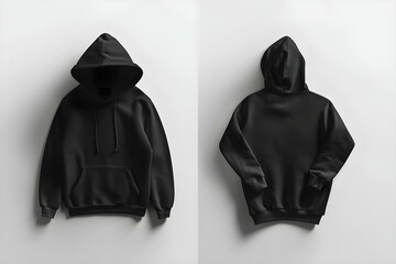 Wall Mural - Front and back views of a black hoodie on a white background. Concept Hoodie Photography, Product Showcase, Apparel Photography, Front and Back Views, White Background